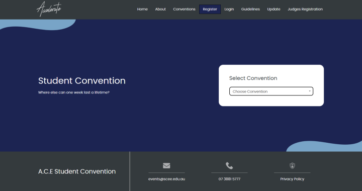 Screenshot of the Accelerate Convention Portal login and registration page.
